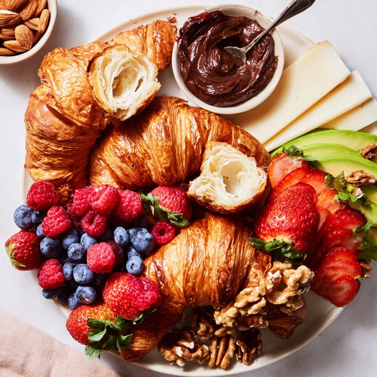 Glimpse this Cozy Fireplace Croissant Board, a delightful spread with flaky croissants and creamy cheeses.