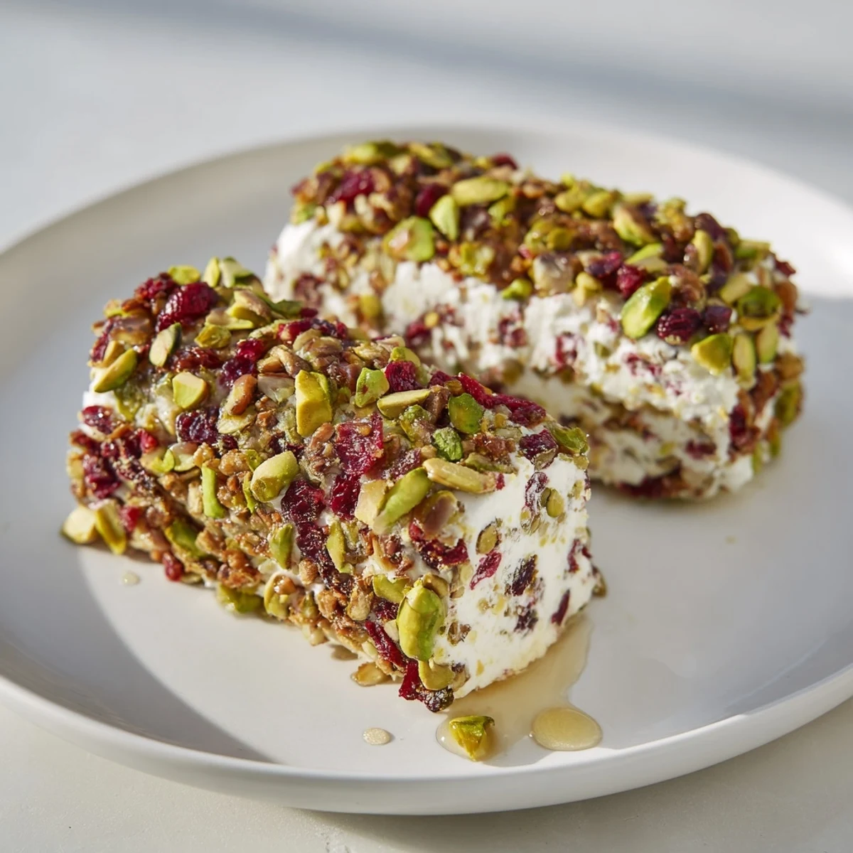 Cranberry Goat Cheese Logs beautifully displayed on a board, ready for spreading on crisp crackers.