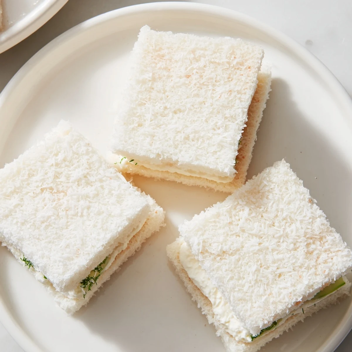 Close-up of freshly made Snowball Tea Sandwich Bites, creamy filling peeking through shredded coconut.
