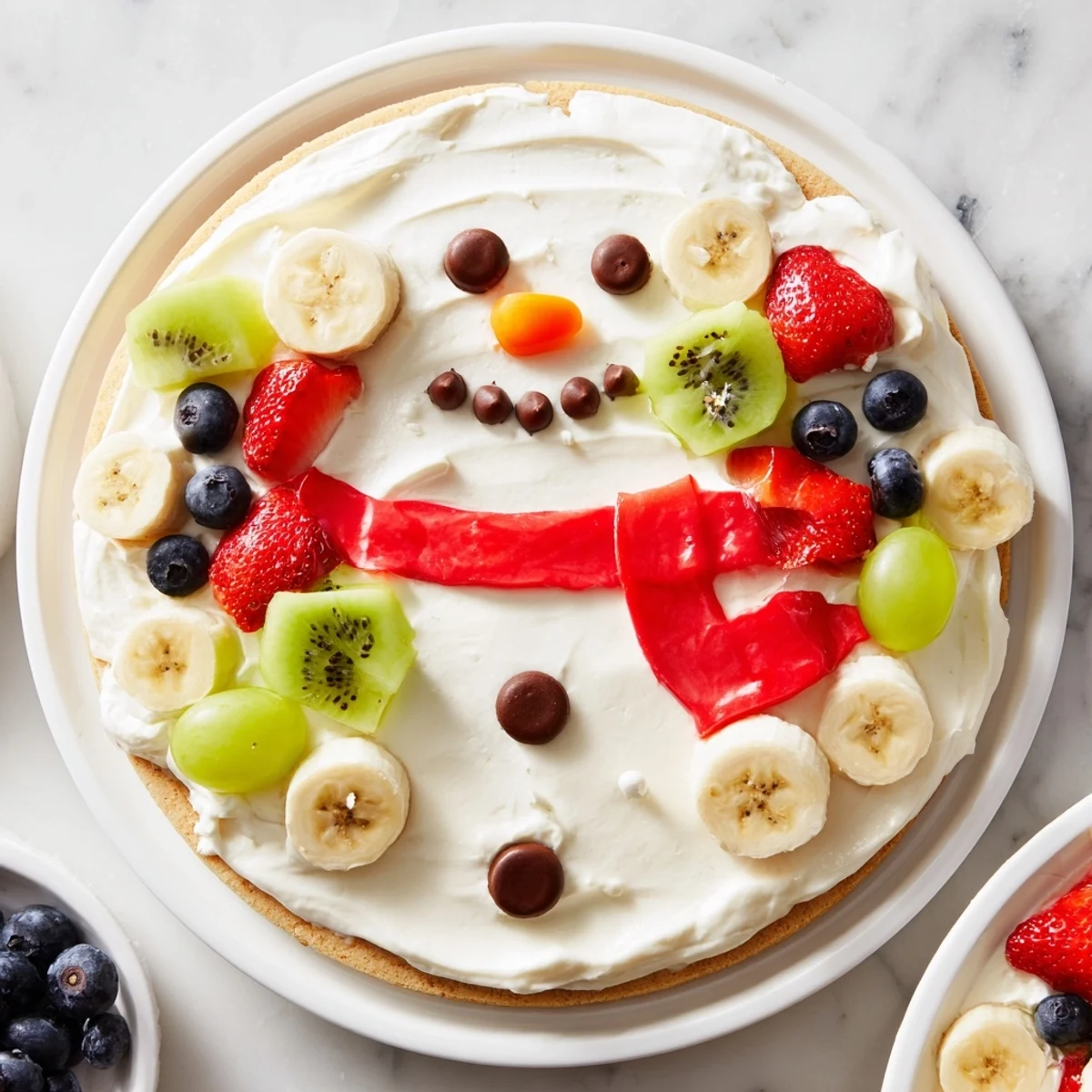 Melting Snowman Fruit Pizza: A delicious dessert pizza with a creamy frosting and fresh fruit snowmen.