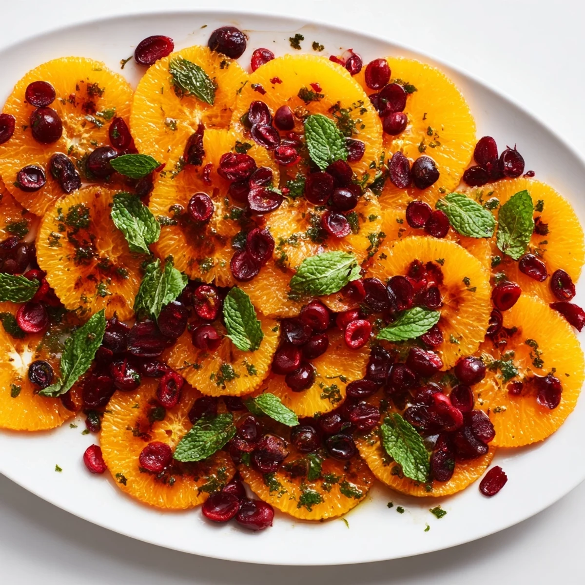 Sweet and tart, this photo shows the beautifully arranged orange slices and cranberries in this winter fruit salad.