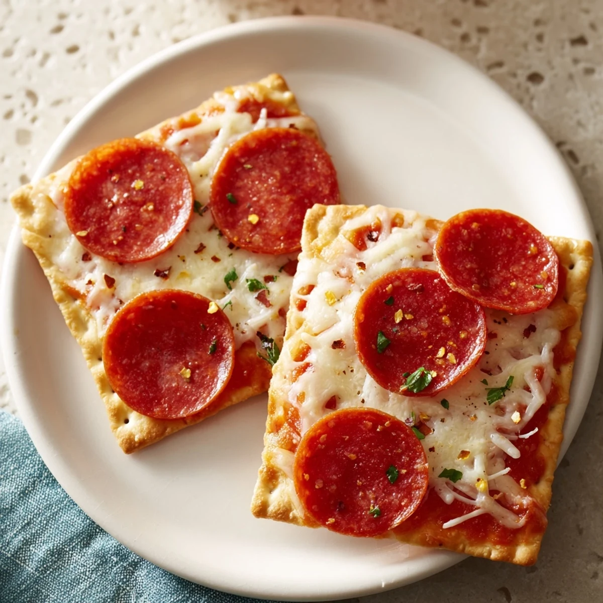 Enjoy these savory, warm Pepperoni Bites: crispy pepperoni atop crackers, a perfect bite for any party!