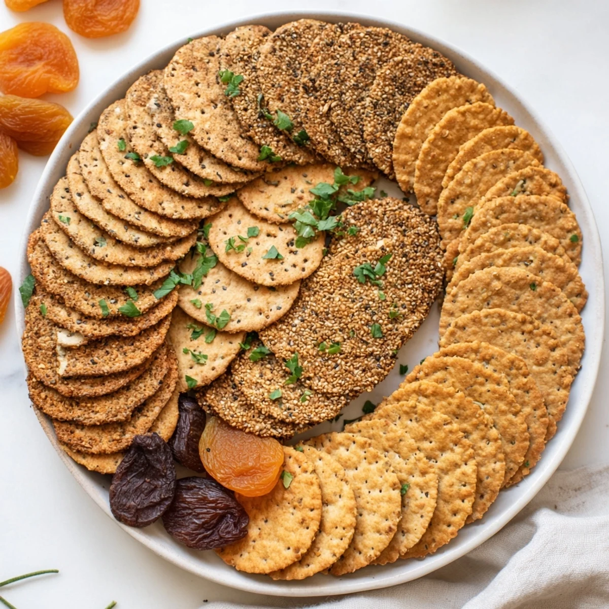 Artfully arranged gourmet crackers in a layered fan, a perfect appetizer board presentation.