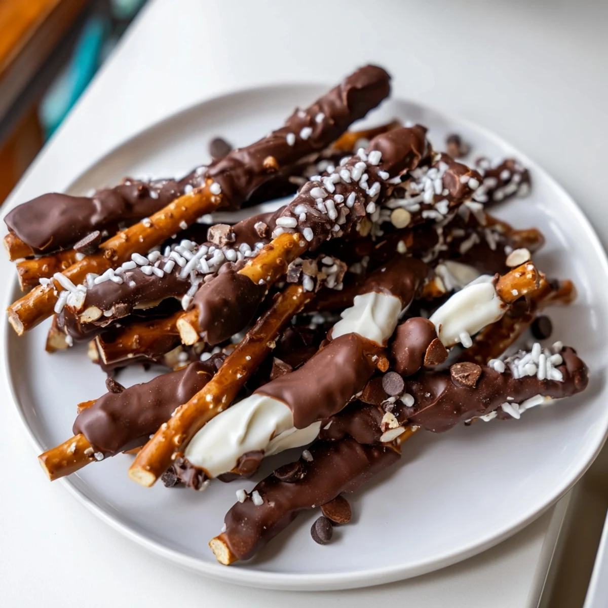 A stack of Chocolate Covered Pretzel Sticks glistening with melted semi-sweet and white chocolate.