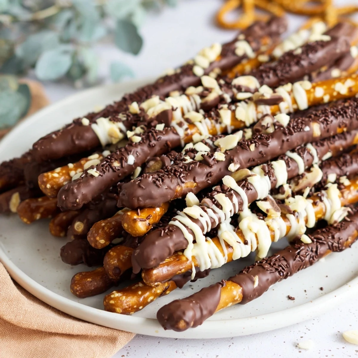 Close-up of decadent Chocolate Covered Pretzel Sticks, drizzled with white chocolate and colorful sprinkles.