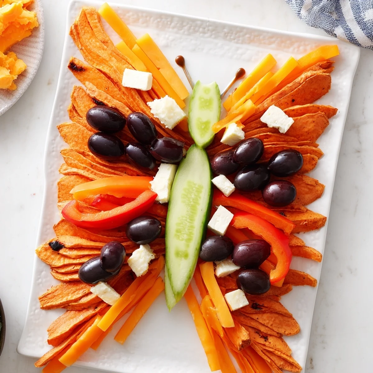 Savory Monarch Butterfly Wings appetizer features roasted sweet potato, olives, and grapes in a striking presentation.