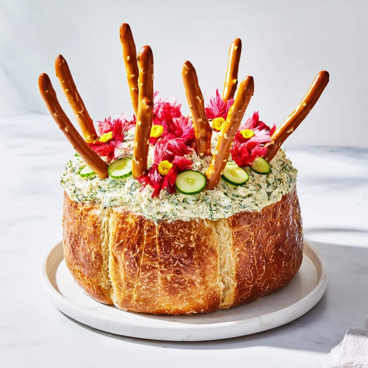 Savory and sweet Desert Cactus Bloom appetizer, featuring pretzel "needles" and bright fruit leather flowers.