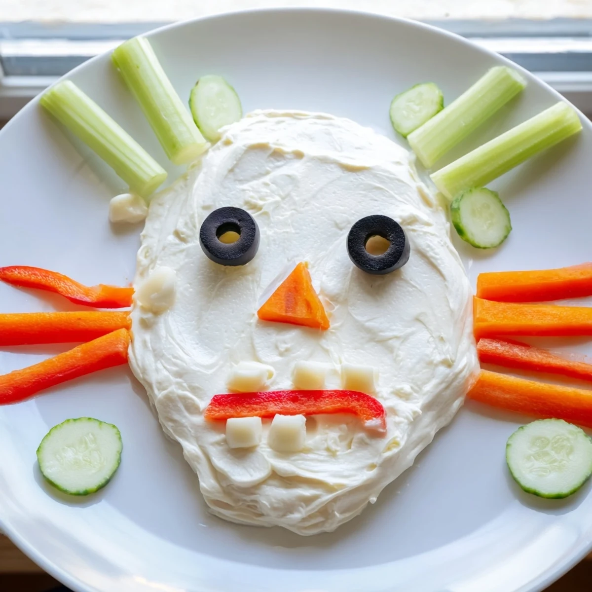 Festive Skull & Bones Spooky Spread appetizer: creamy cream cheese skull with vibrant vegetable details, delicious!