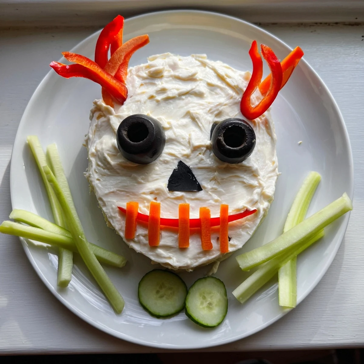 This spooky Skull & Bones Spooky Spread features a creamy skull surrounded by crunchy, colorful vegetables, ready to enjoy!