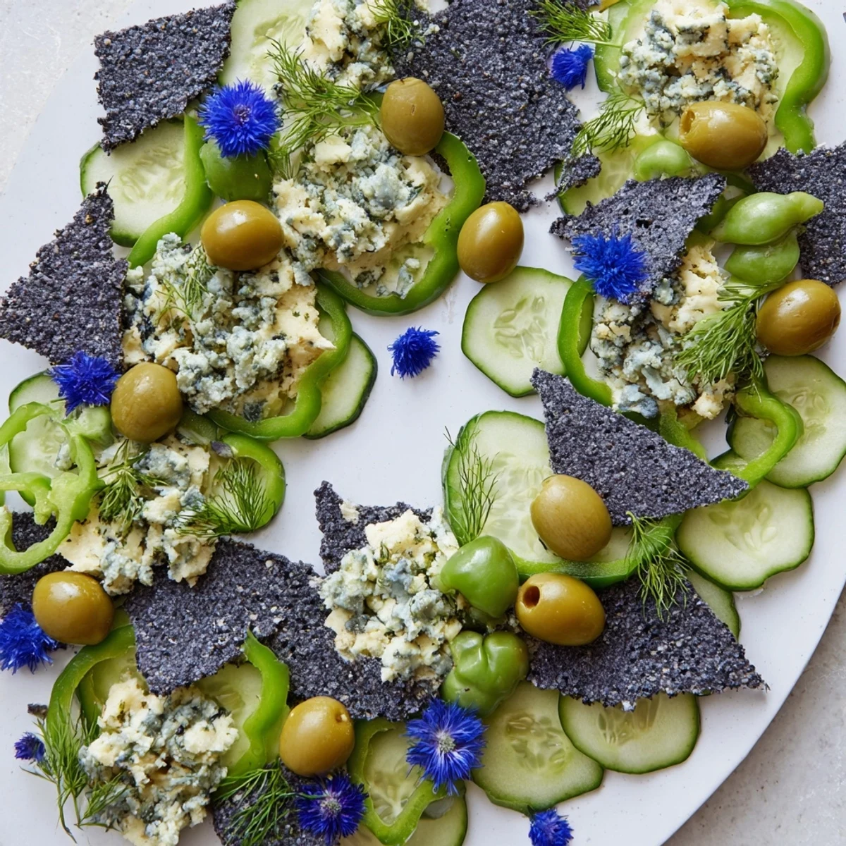 Eye-catching Deep Sea Ocean Wave recipe photo showing a beautiful platter with fresh olives and cheese.