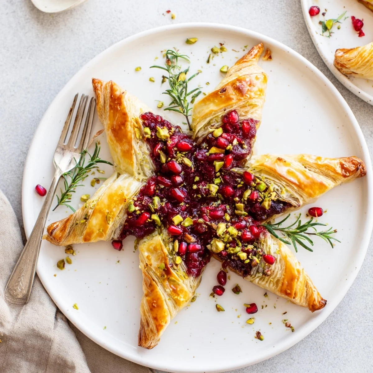 Golden, flaky Cranberry Christmas Star appetizer boasting a vibrant cranberry filling and creamy cheese layers.