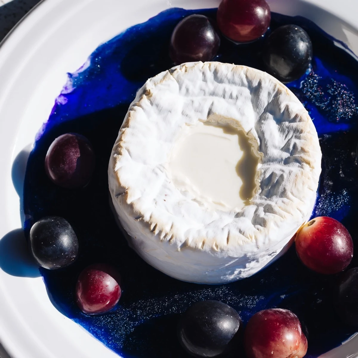 The Floating Island appetizer: a creamy Brie cheese island surrounded by colorful grape "shores".