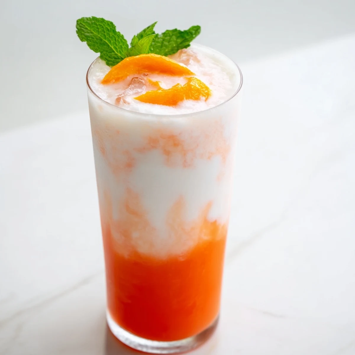 A vibrant, layered Alpine Sunrise mocktail, a refreshing, non-alcoholic drink for brunch.