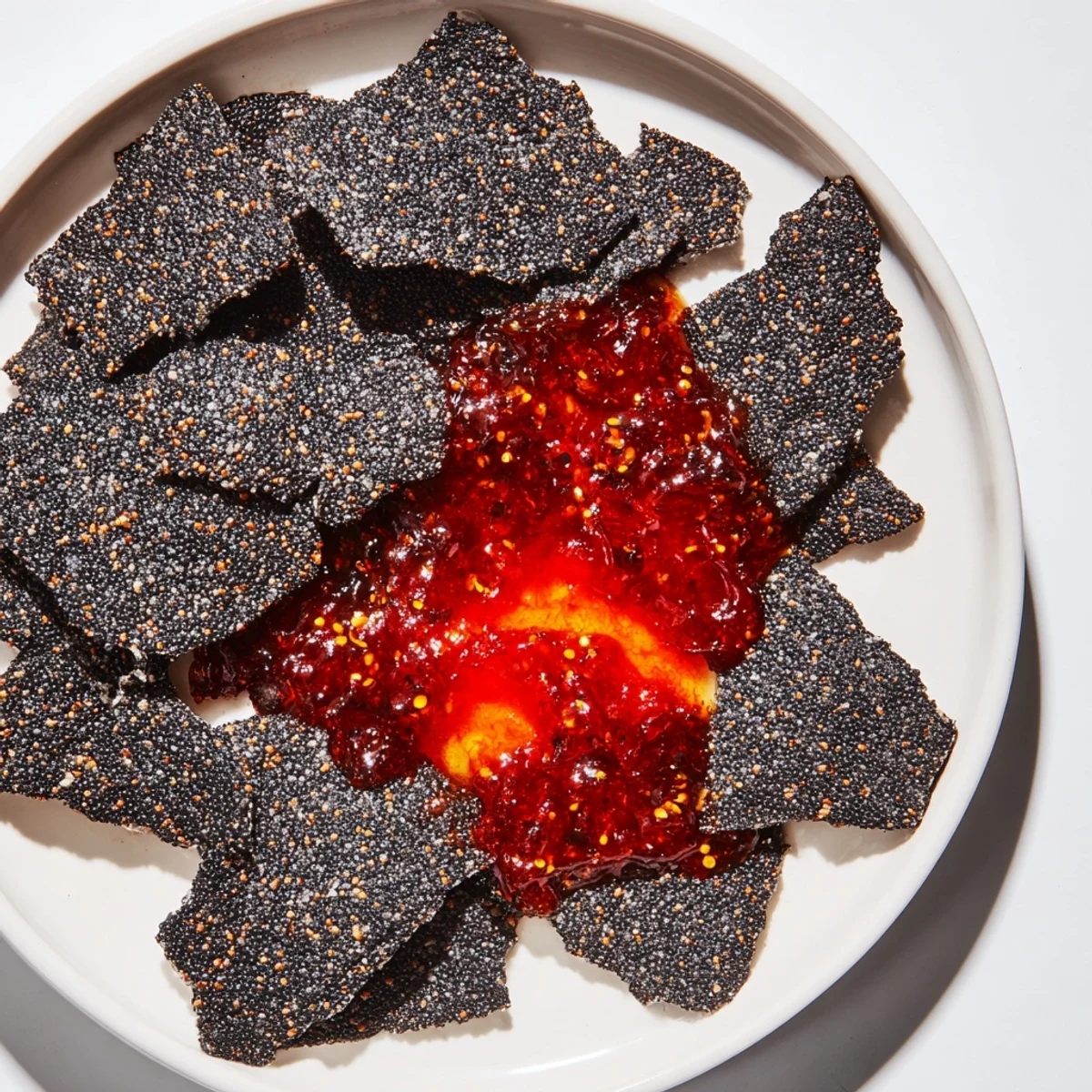 Crisp black crackers surround a bubbling crater of spicy red-hot jelly made for the Volcanic Flow appetizer.