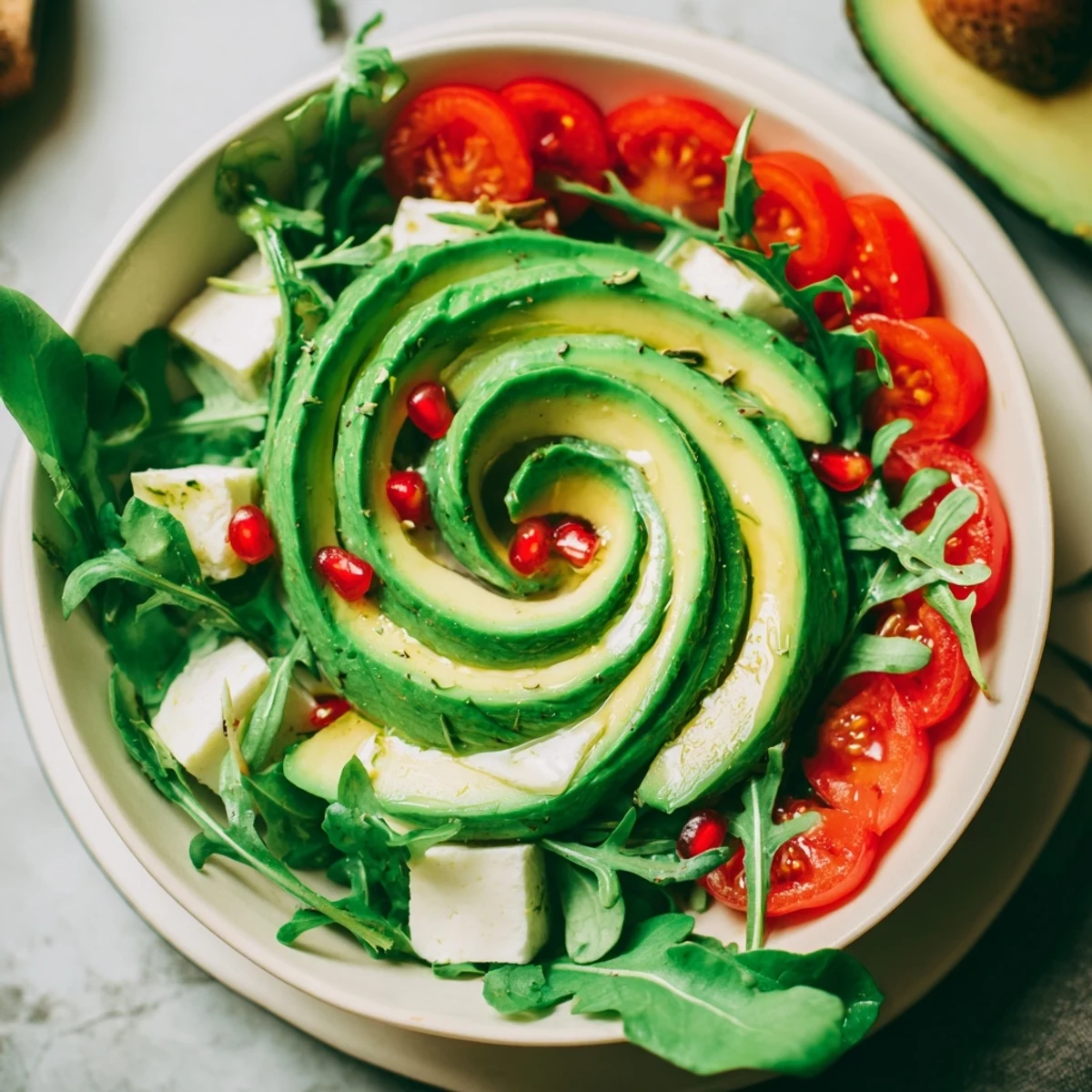 Golden Ratio Salad with vibrant greens, tomatoes, and creamy avocado, ready to serve this stunning dish.