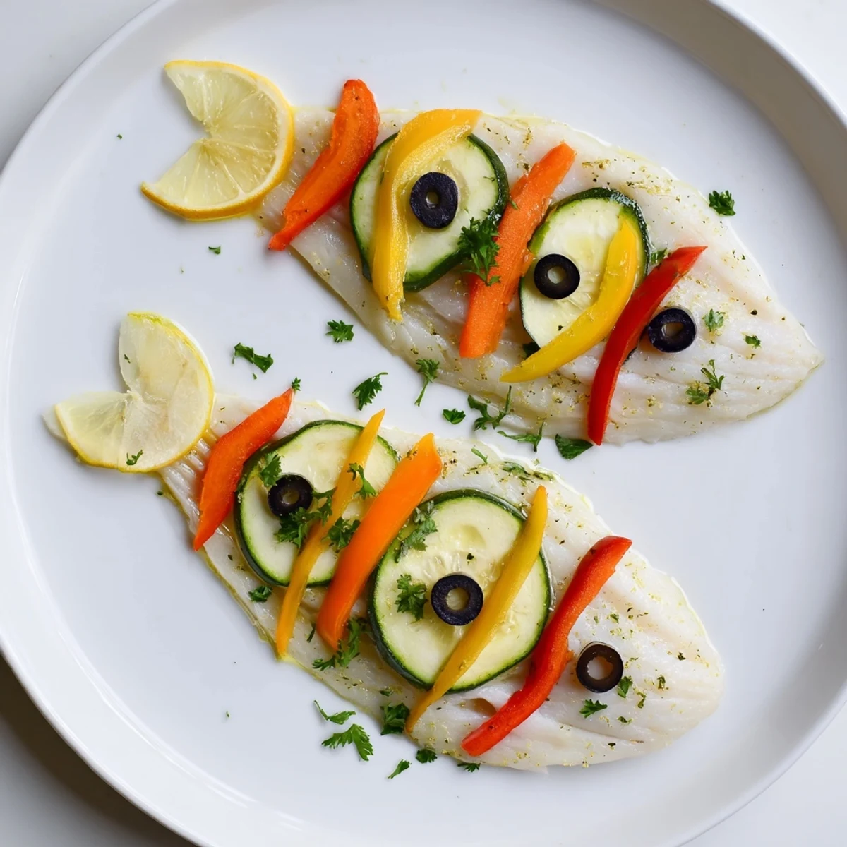 Delicate light fish-shaped meal, baked with colorful peppers and zucchini, ready to serve and enjoy.