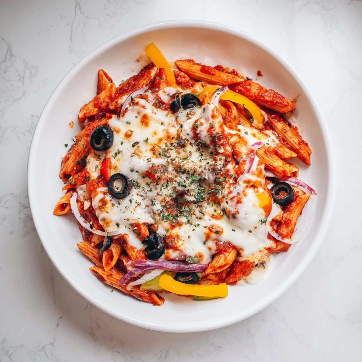 A bubbling pot of One-Pot Pizza Pasta featuring savory pepperoni and black olives, ready to enjoy.