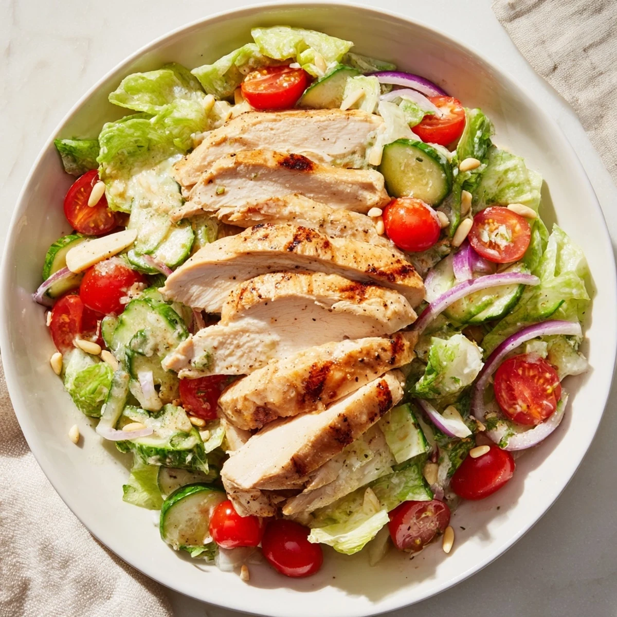 This colorful Chicken Caesar Pasta-less Bowl features sliced grilled chicken atop fresh salad greens and tomatoes.