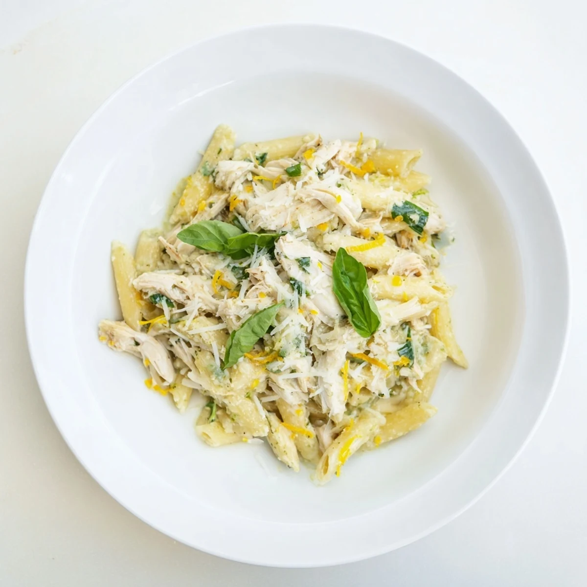 Steaming bowl of 10-Minute Pesto Pasta with Chicken, garnished with fresh basil and Parmesan cheese.