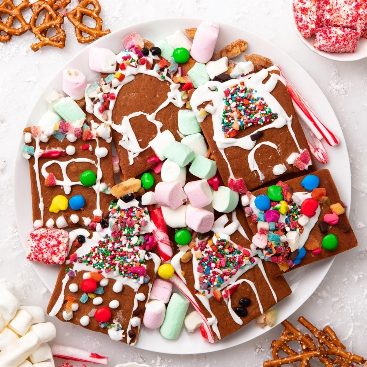 A beautifully arranged Gingerbread House Board, with colorful candies ready for holiday fun.