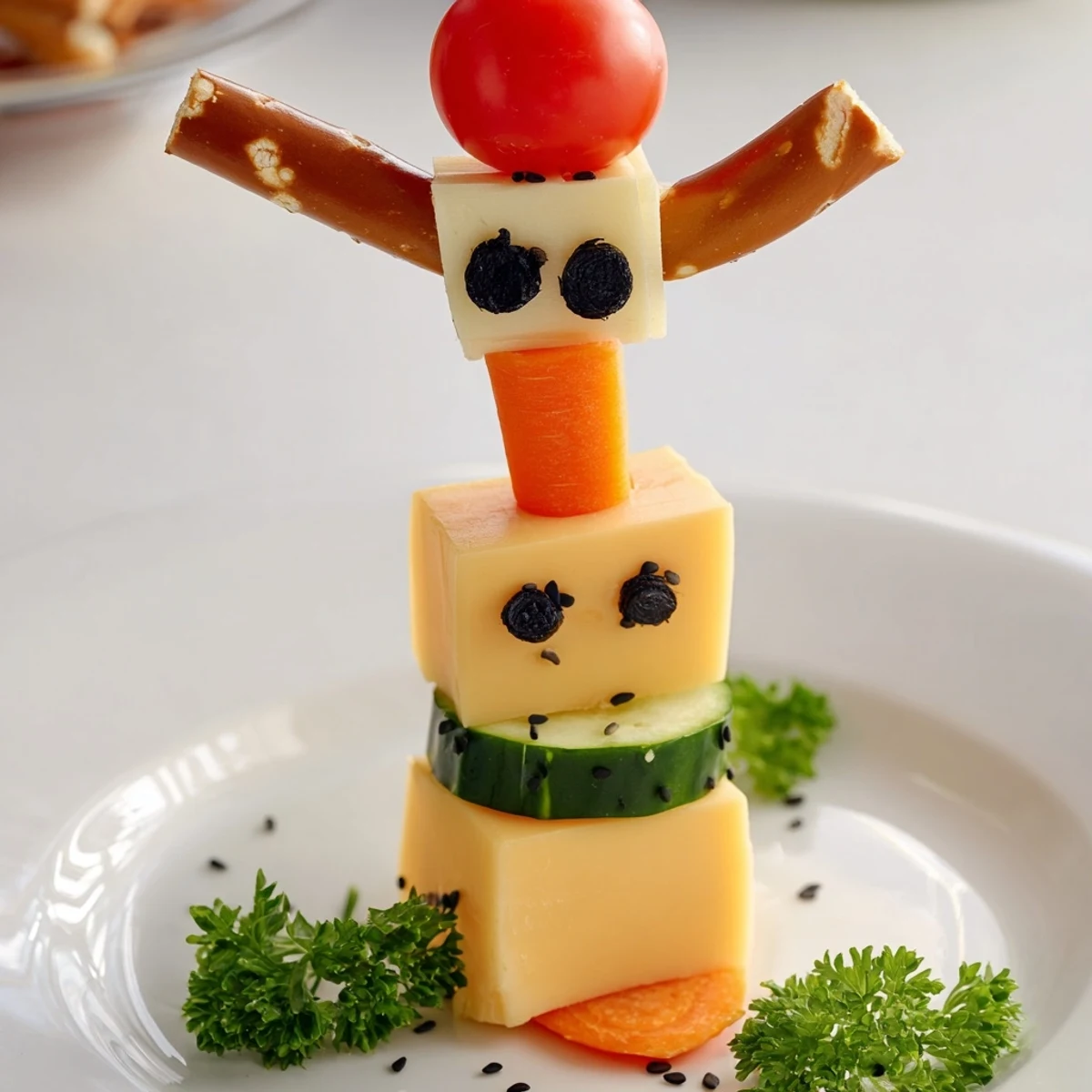 Delicious Long-Necked Giraffe Snack Tower, a vegetarian snack using fresh vegetables, cheese, and olives.