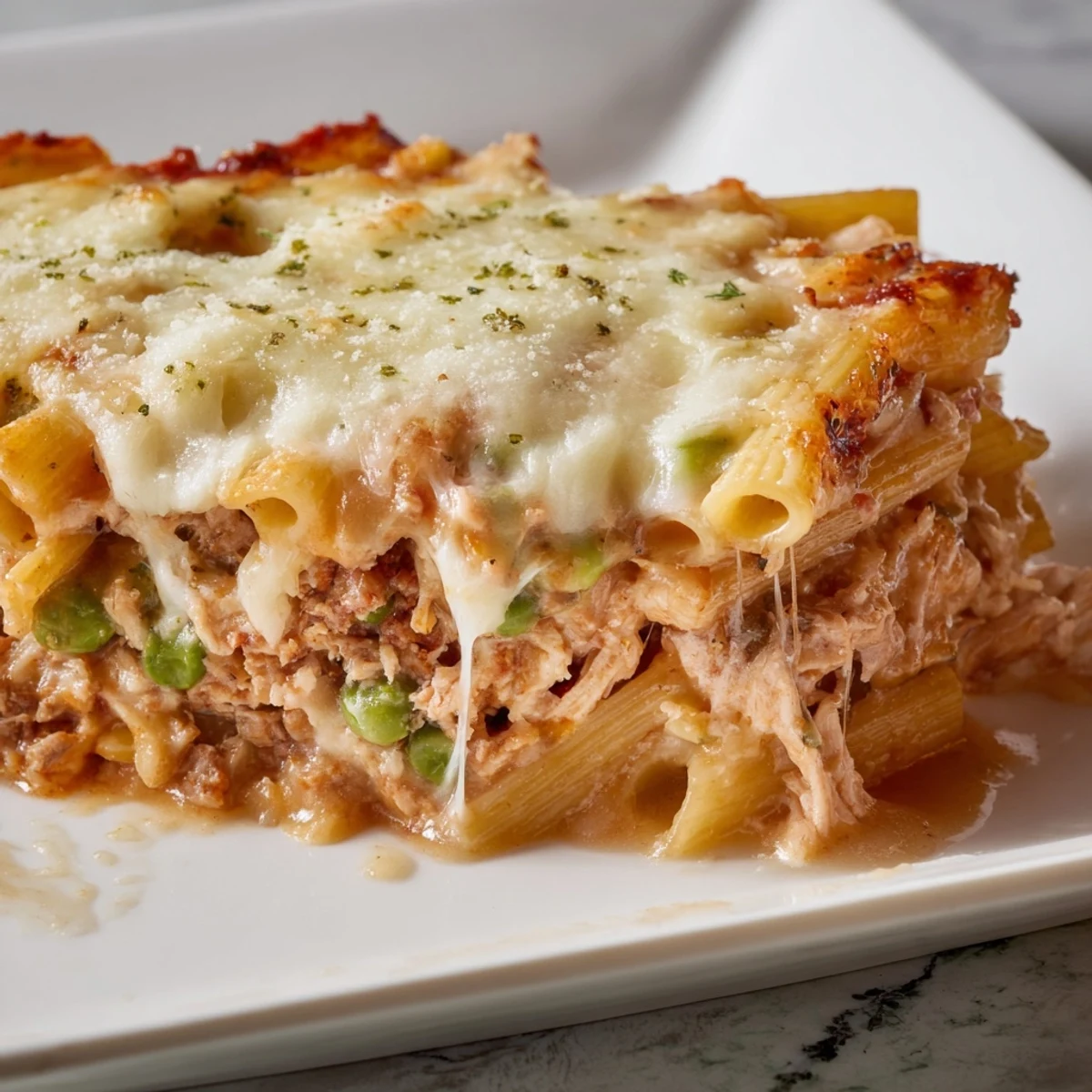 A warm baked Moist Maker Pasta Casserole with bubbling cheese and a rich gravy center, ready to serve.