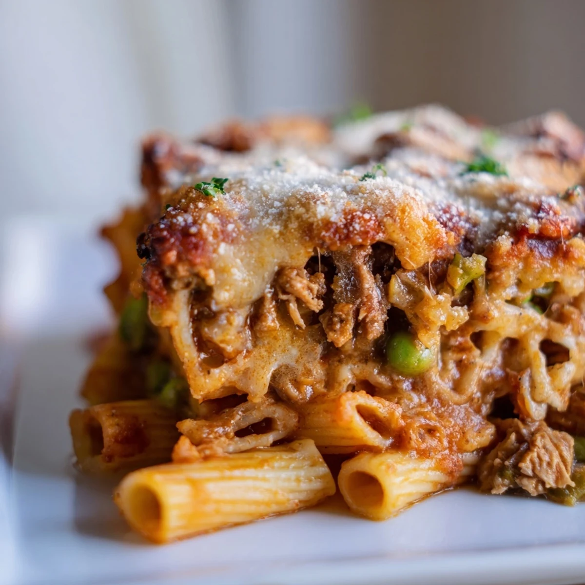 Golden-brown top of Moist Maker Pasta Casserole, showcasing turkey chunks and melted cheese in a hearty family meal.