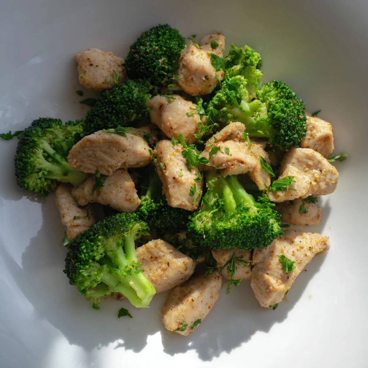 Microwave-Steamed Chicken and Broccoli: Tender chicken and bright green broccoli make a quick, healthy lunch.