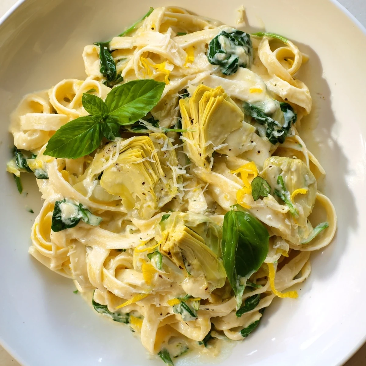 Creamy Lemon Artichoke Pasta bathed in a luscious sauce, ready to be served.