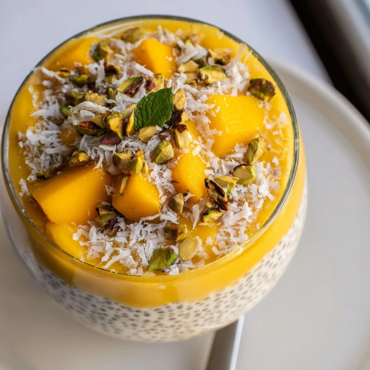 Enjoy a spoonful of chilled Mango Coconut Chia Pudding with toasted coconut flakes as a garnish!