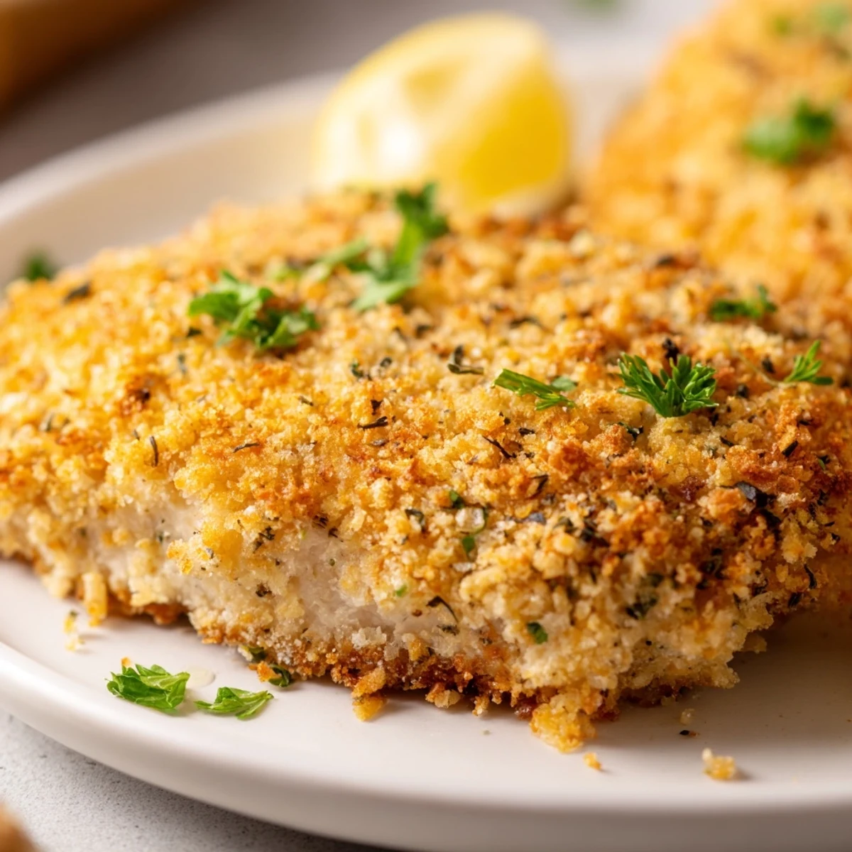 Golden, crispy parmesan chicken cutlets, served hot, smell of garlic and herbs, a perfect entree.