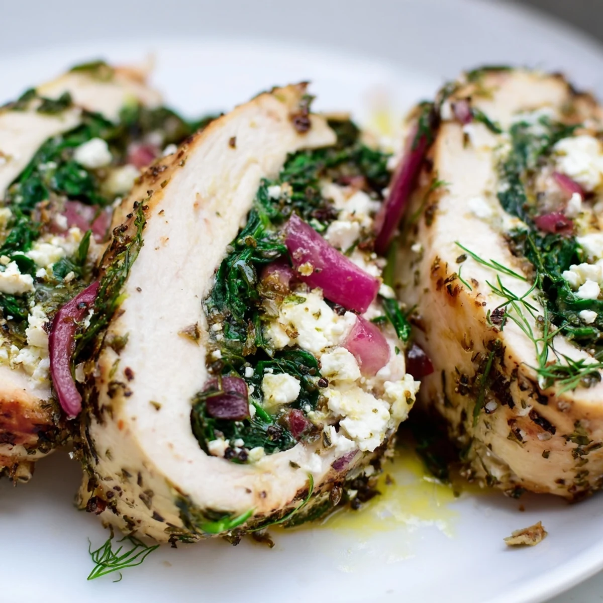 Savory Spinach Feta Stuffed Chicken roll-ups, filled with herbs, look juicy and perfectly cooked to serve.