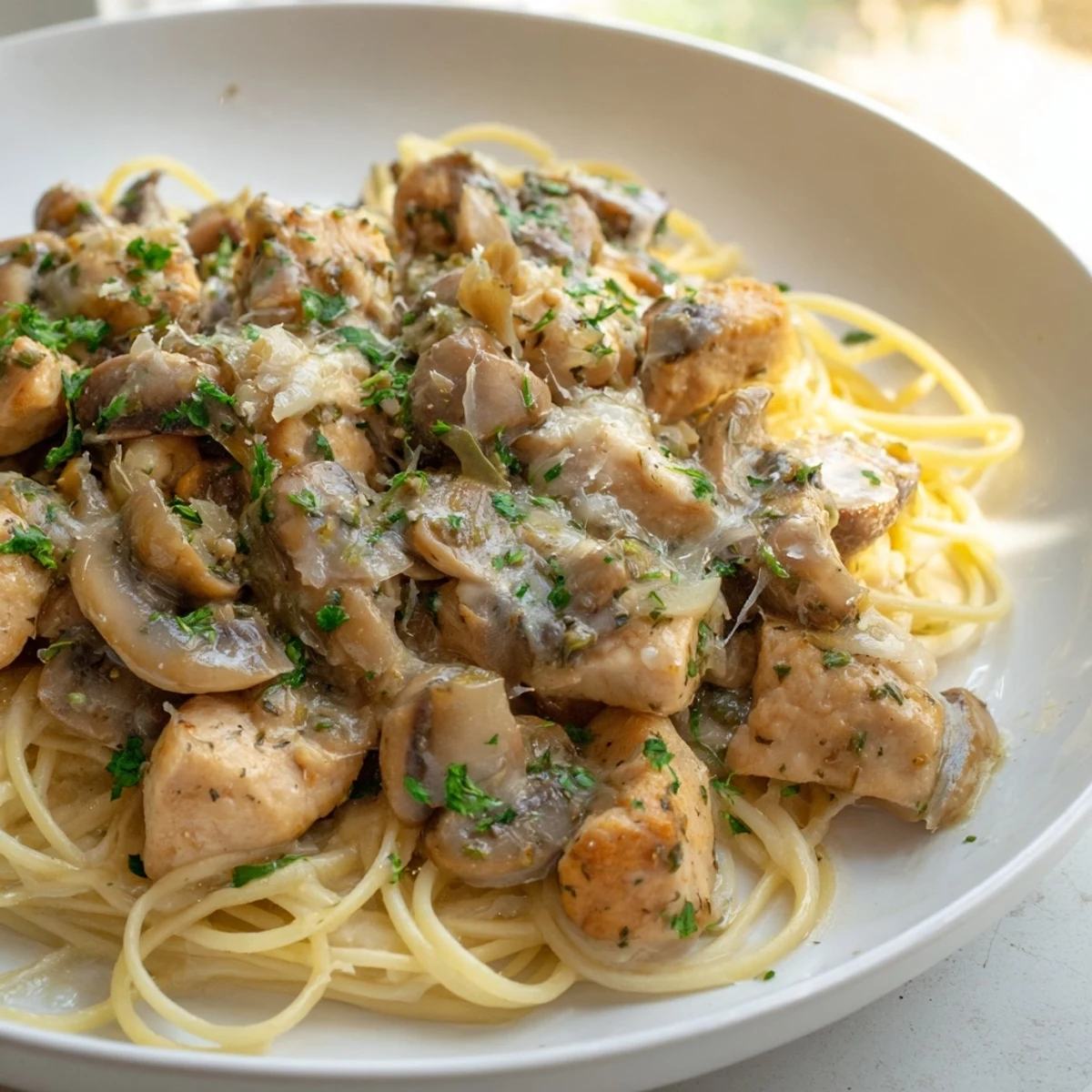 Enjoy this comforting plate of Creamy Mushroom Chicken Pasta, a classic Italian-American favorite for dinner.