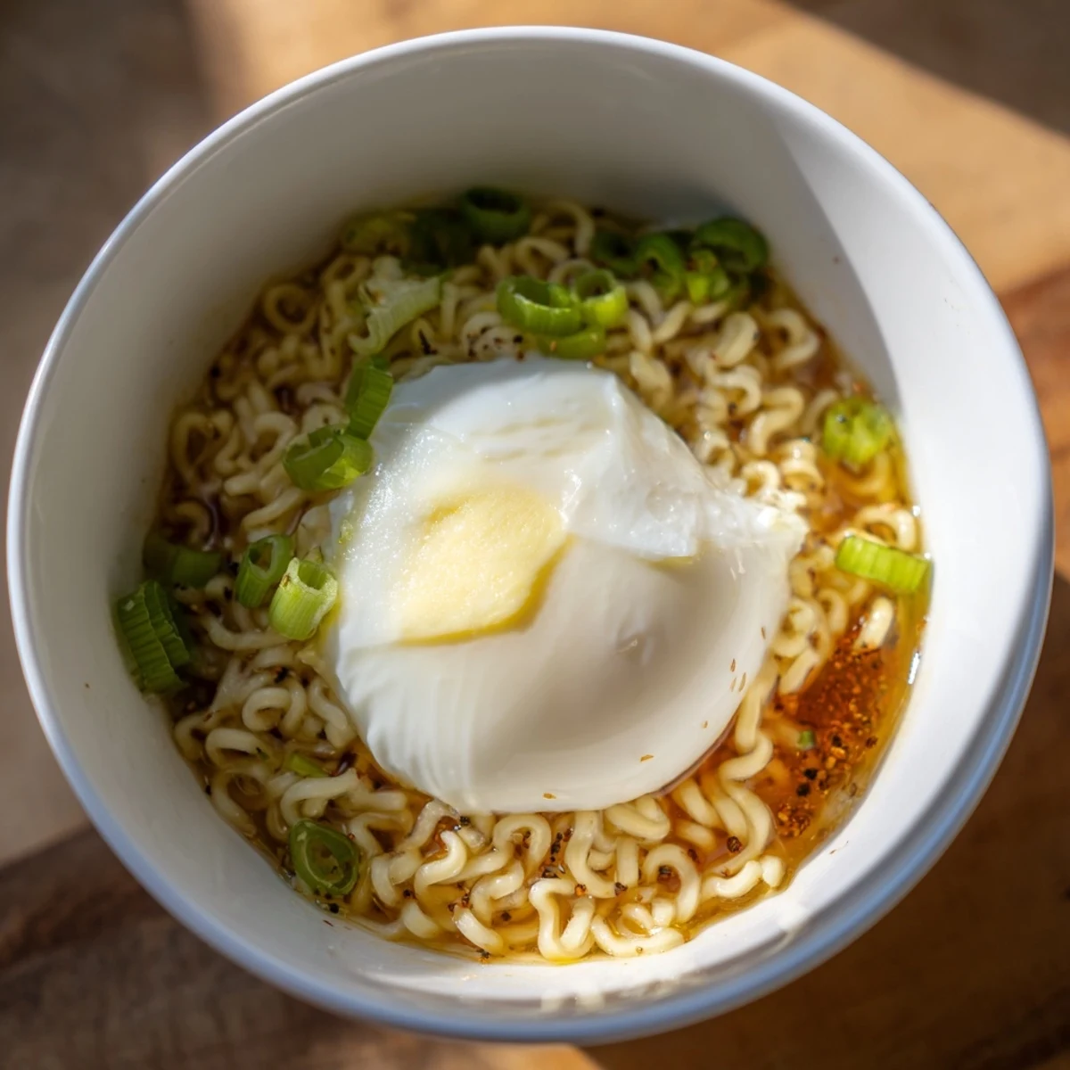 Delicious upgrade instant ramen with a perfectly cooked soft egg, swimming in savory broth and butter.