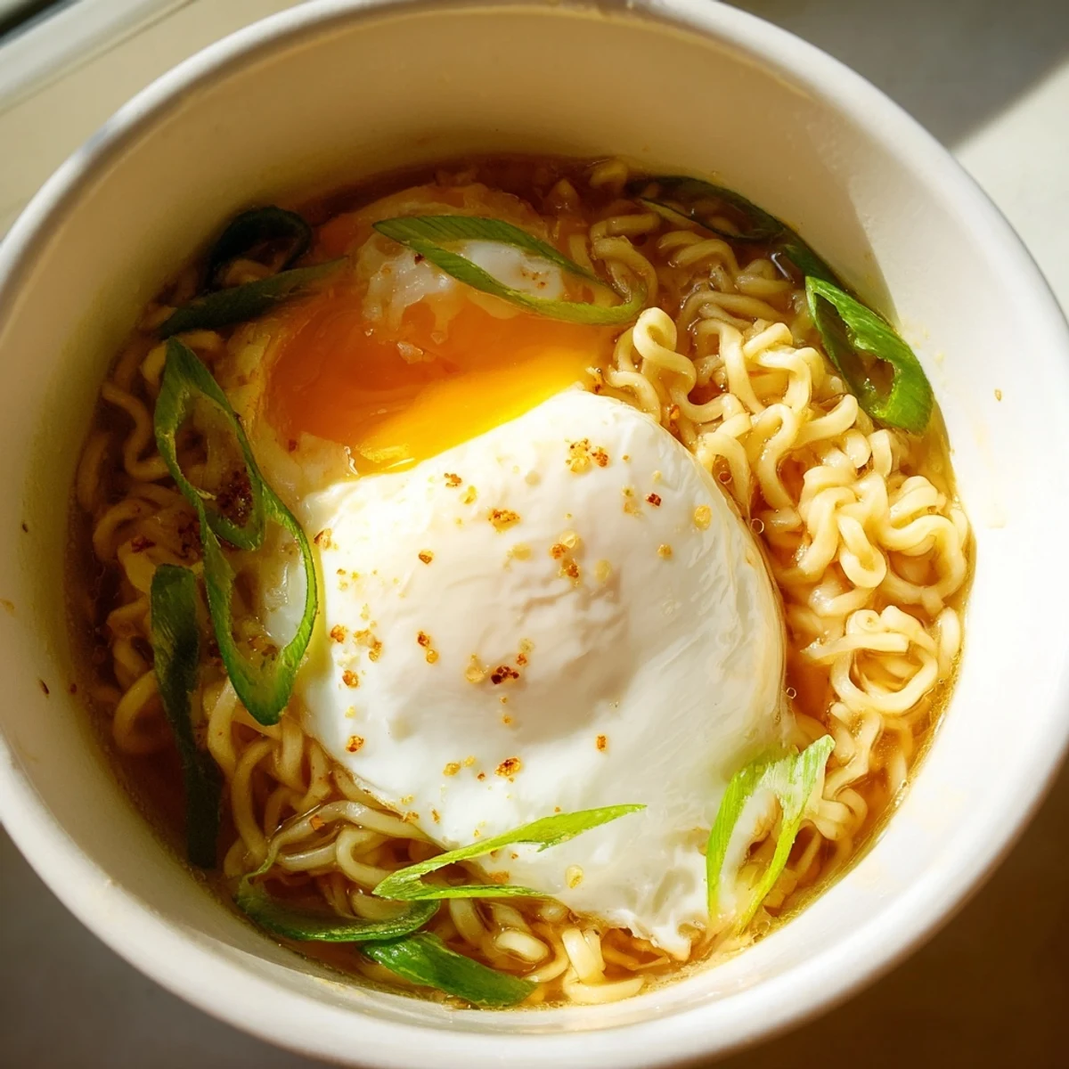 Steaming bowl of upgraded instant ramen with golden yolk and vibrant green scallions, ready to enjoy.