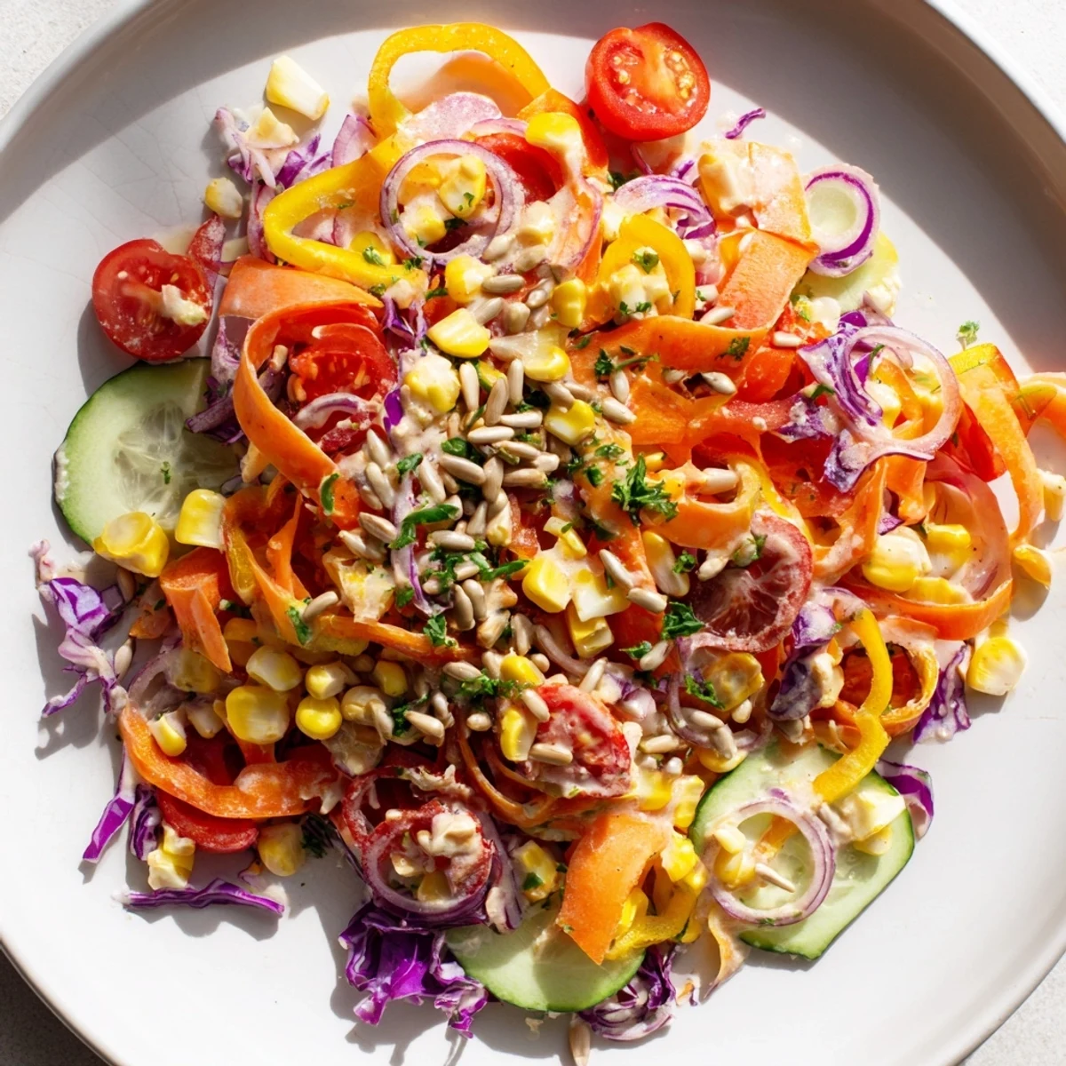Freshly tossed rainbow salad showcases red and yellow peppers, carrots, and cabbage, ready to eat.