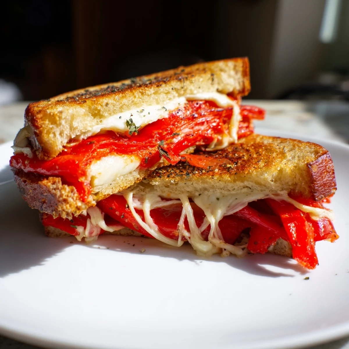 Golden-brown Roasted Red Pepper Grilled Cheese, oozing melted cheese and sweet red pepper slices.