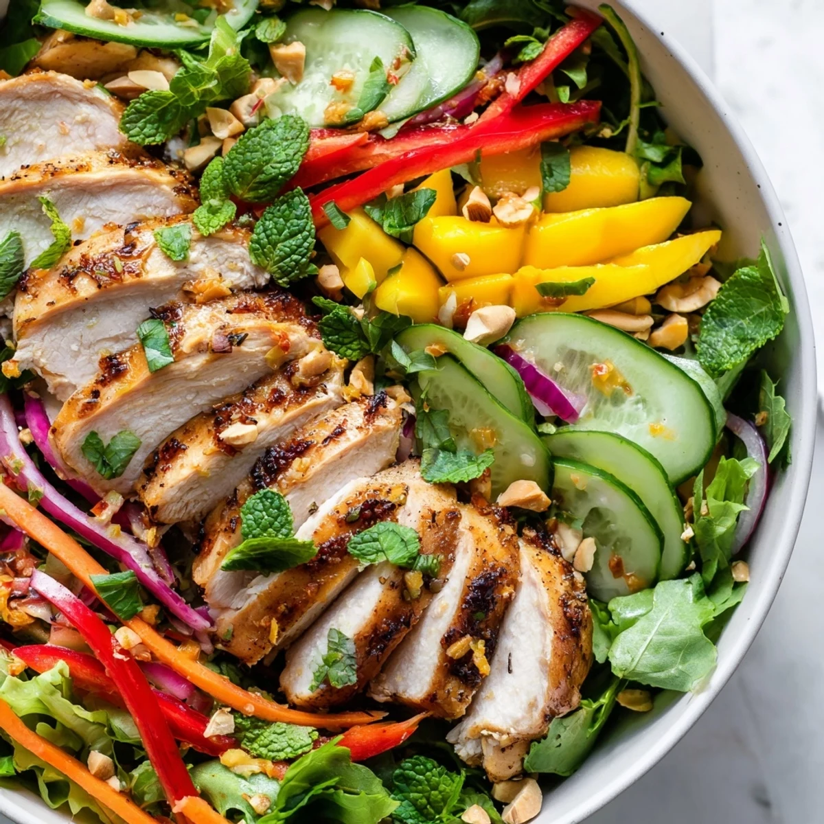 A colorful bowl of Thai Mango Chicken Salad, showing juicy mango and tender chicken.