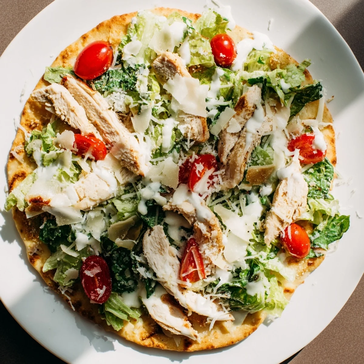A close-up of a delicious Chicken Caesar Flatbread, perfectly baked and ready to eat, with fresh ingredients.