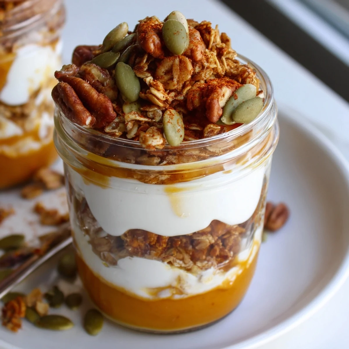 Delicious and healthy Pumpkin Yogurt Parfait, a snack layered with granola and fall spices.