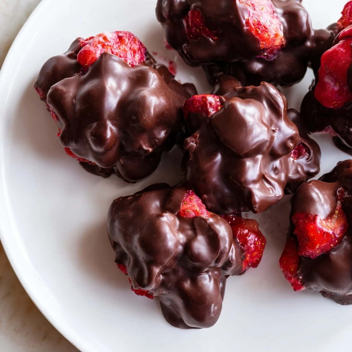 Frozen strawberry yogurt clusters, coated in dark chocolate, a refreshing dessert.