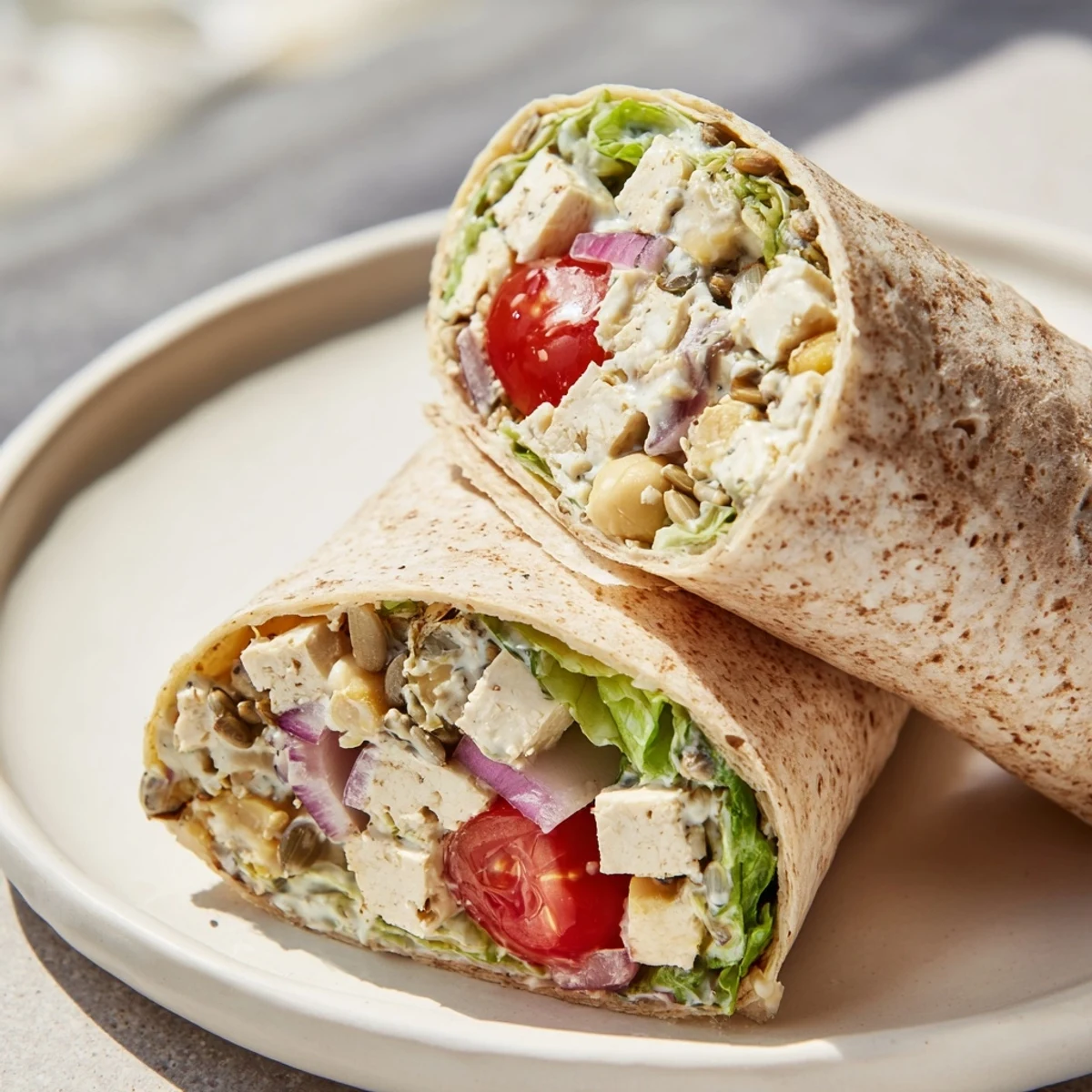 A delicious High-Protein Chicken-less Caesar Wrap, overflowing with fresh romaine, tomatoes, and creamy dressing.