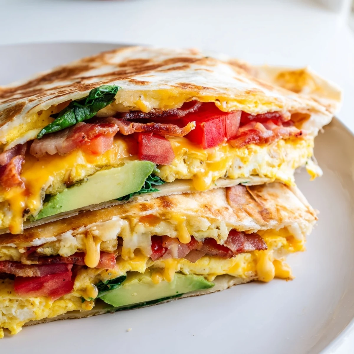 Crispy breakfast wrap, golden and folded, featuring scrambled eggs, bacon, cheese, and fresh veggies.