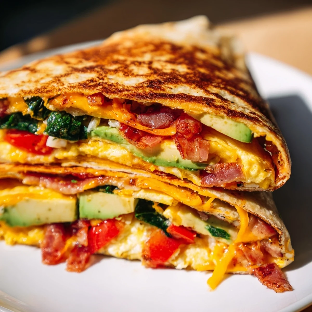Imagine the satisfying crunch of pan-fried, golden-brown crispy breakfast wrap ready to be sliced and enjoyed.