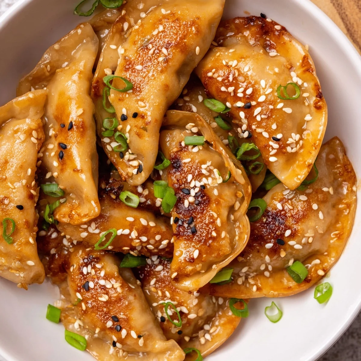 Crispy air fryer frozen dumplings glazed with sesame oil, garnished with fresh green onions.