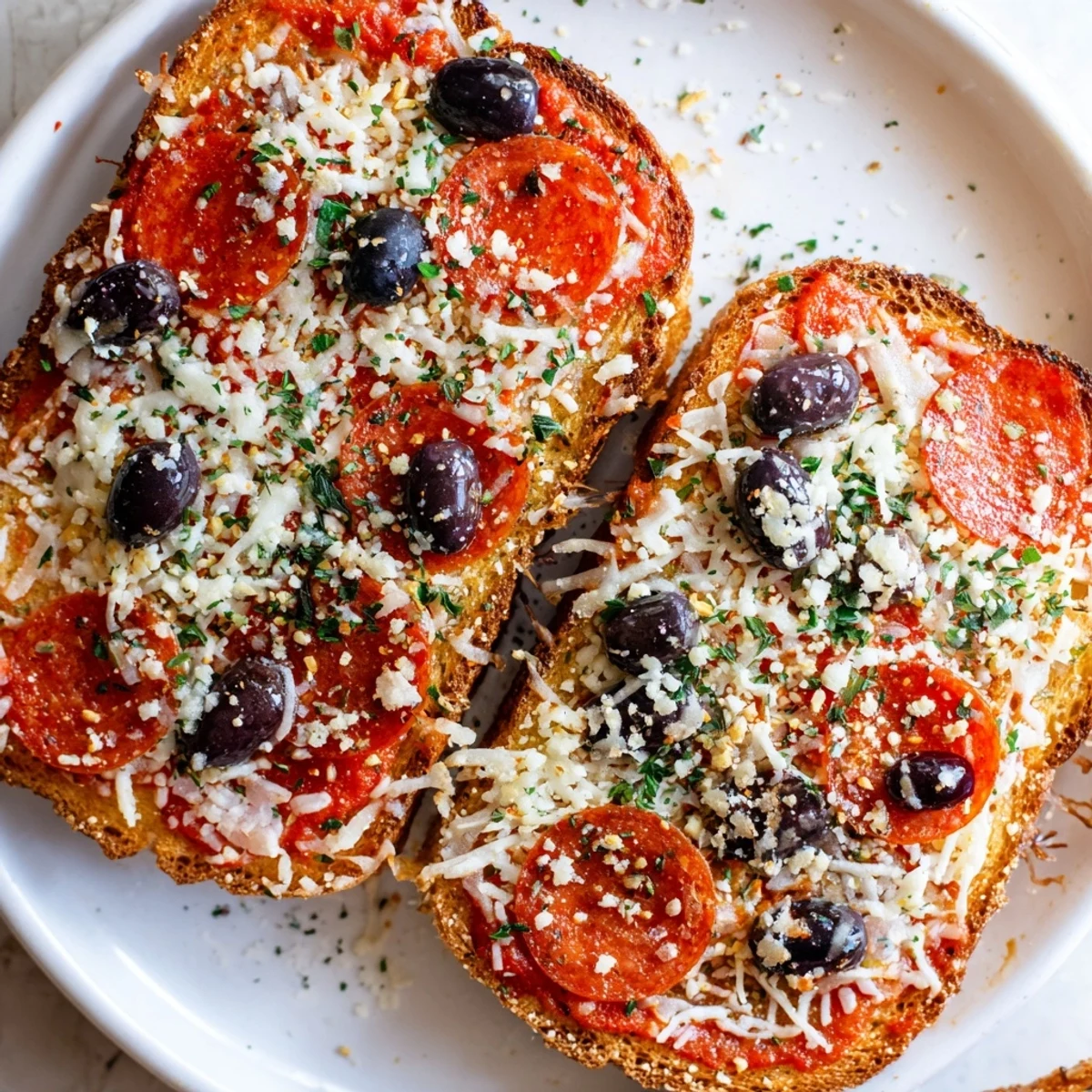 Golden, bubbly Air Fryer Pizza Toast, topped with melted cheese and savory pepperoni slices.