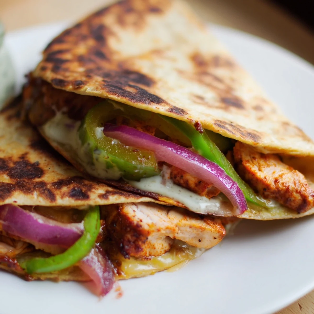 Tandoori Chicken Quesadilla, filled with melted cheese and spiced chicken, ready to serve with sauce.