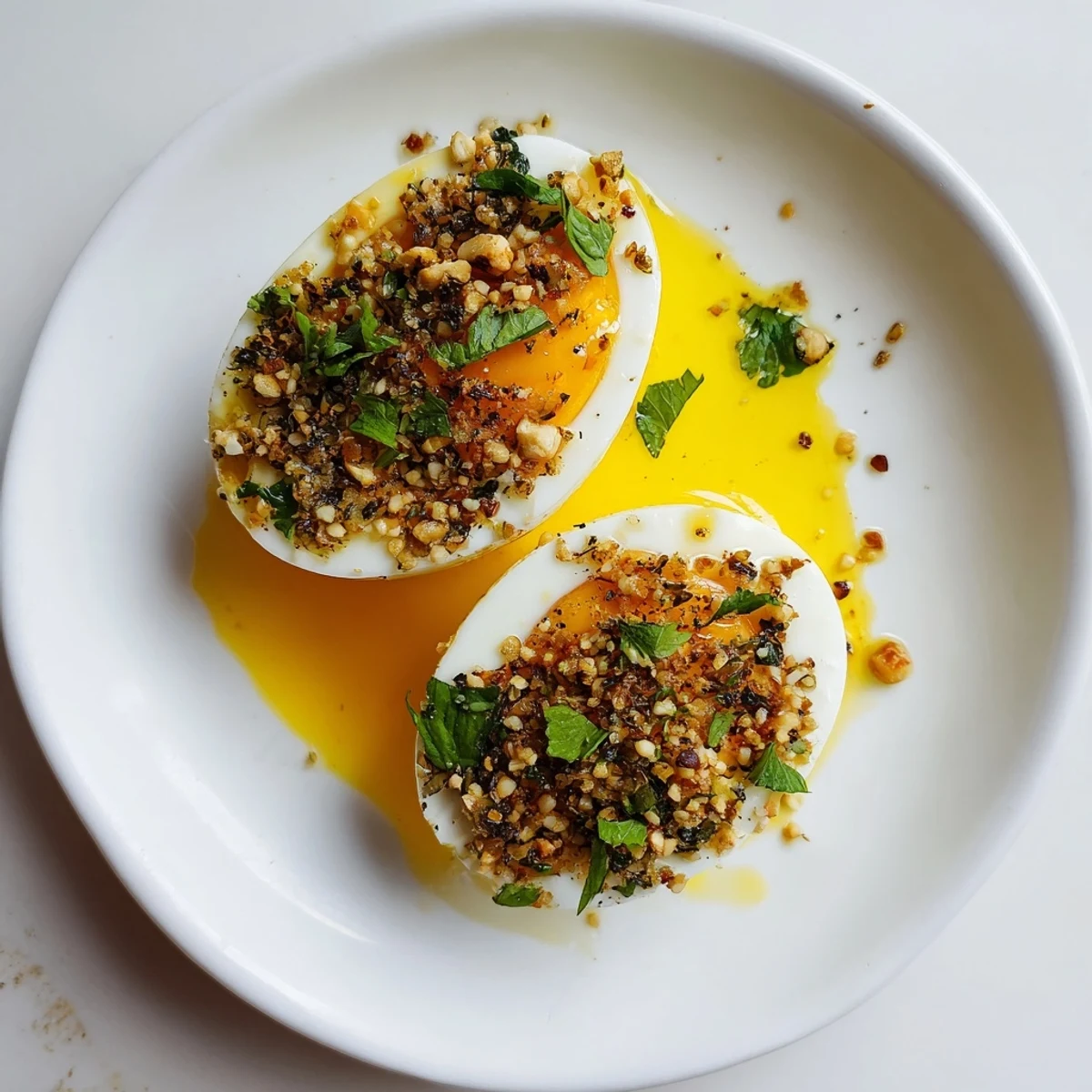 Dukkah-Spiced Eggs are a colorful brunch, featuring sliced eggs sprinkled with flavorful dukkah spice.