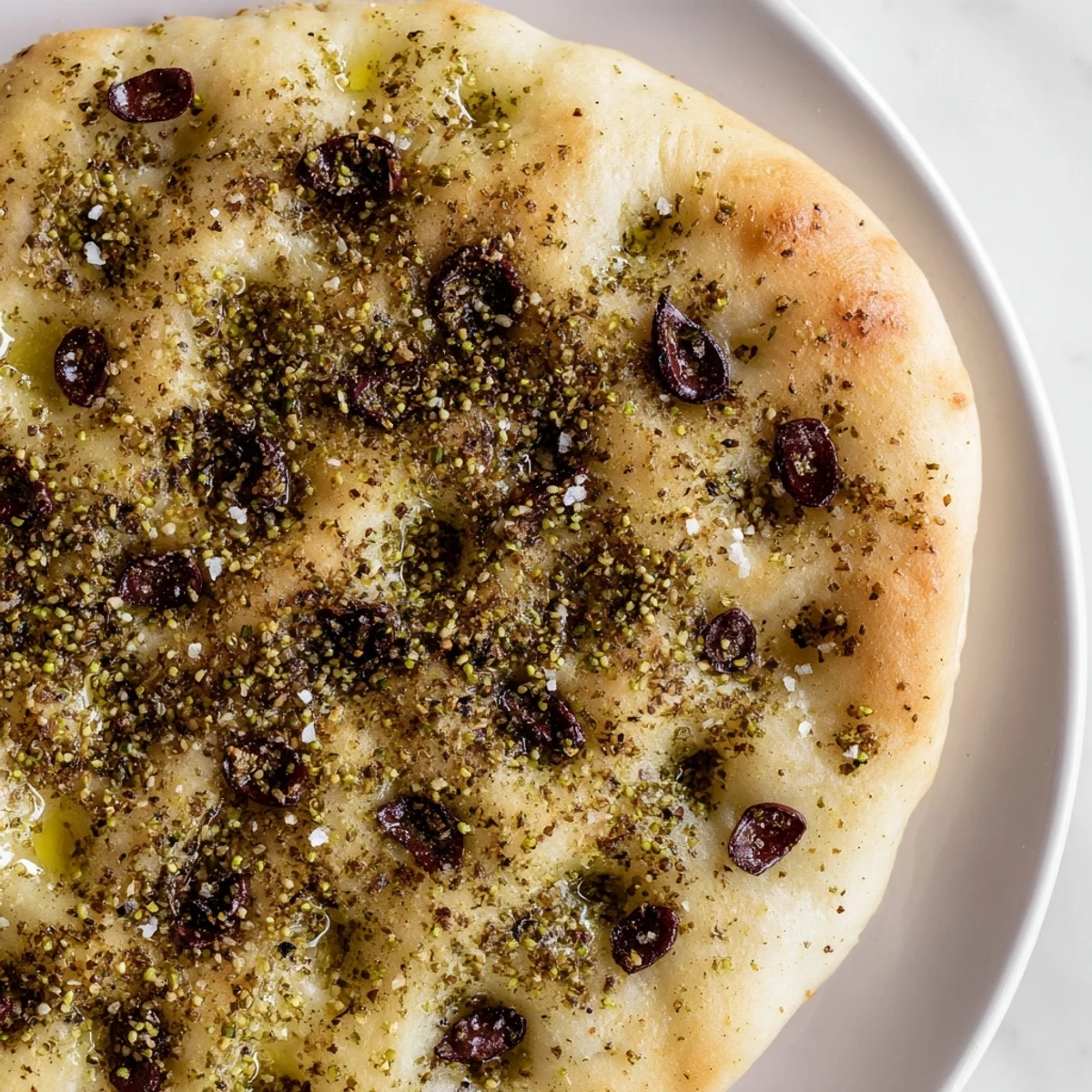 Close-up of a rustic Zaatar Olive Focaccia, showcasing dimples and glistening olive oil.