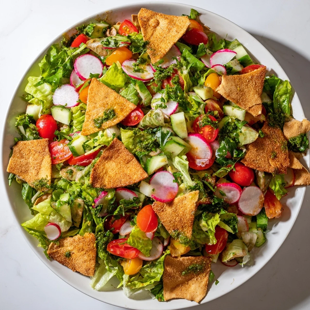 A delicious Fattoush Crunch Salad with bright vegetables, crunchy pita chips, and a tangy dressing.